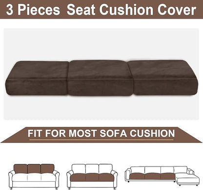 NAISI Couch Cushion Covers 3 Pieces Velvet Stretch Sofa Seat Covers or Backrest Covers Soft Individual Couch Covers for Sectional Sofa(3 Pcs for 3-Seat Cushion,Brown)