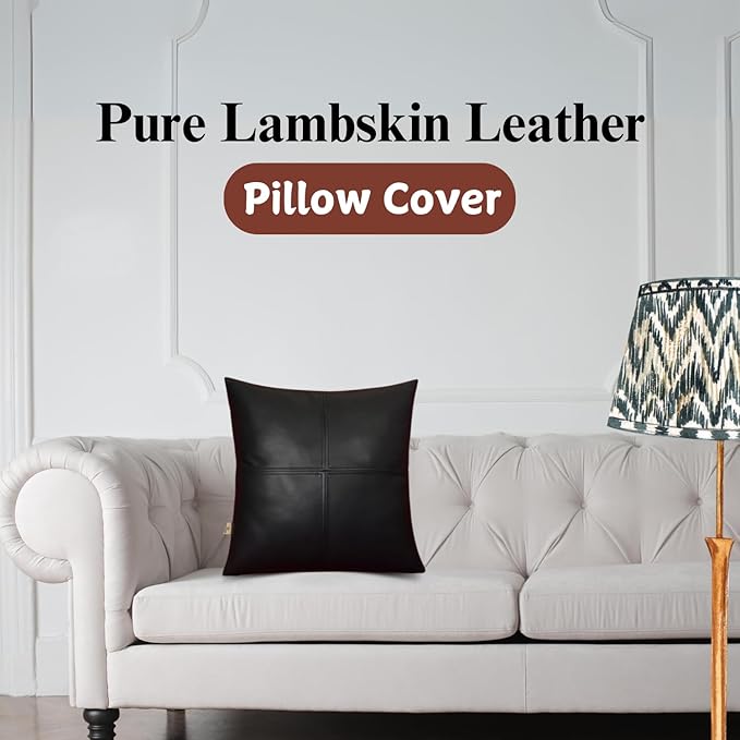Lambskin Leather Pillow Cover, Hand Panel Stitched Leather Decorative Throw Pillow Covers for Couch Sofa Bed Living Room Garden (18x18 Inches, Black Pack of 2)