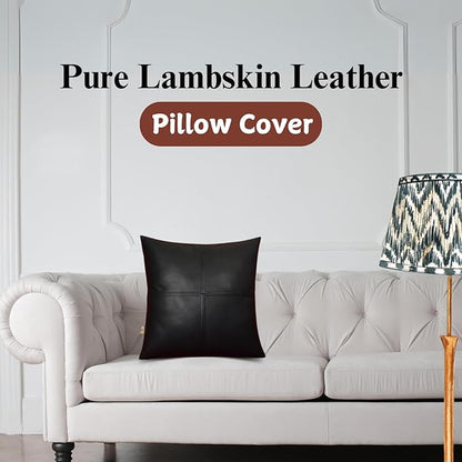 Lambskin Leather Pillow Cover, Hand Panel Stitched Leather Decorative Throw Pillow Covers for Couch Sofa Bed Living Room Garden (16x16 Inches, Black Pack of 2)