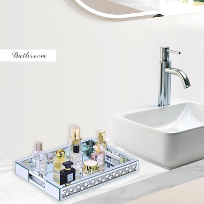 Crush Diamond Mirror Perfume Tray, Silver Glass Mirror Trays for Vanity, Heart Pattern Table Trays Decorative, Vanity Trays for Bedroom Dresser Bathroom(15”x11”x2”)