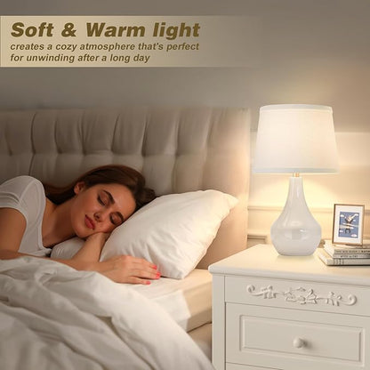Seealle Modern Ceramic Table Lamps for Night Stands - Bedside Lamps Set of 2 for Nightstand, 19.4" White Bedroom Lamp for Living Room Cute Desk End Table Office Guest Room Dresser Rocker Swtich