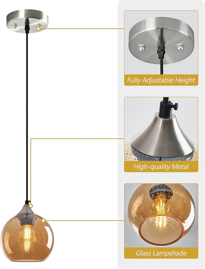 Amber Glass Pendant Lights Kitchen Island Globe Pendant Light Fixtures Modern Pendant Lighting for Bedroom Living Dining Room Light Fixture (5.9 in, 1 Pack)