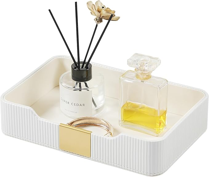 Valet Tray Desktop Storage Organizer, PU Leather Catchall Bedside Vanity Tray with Brass Accents Block Nightstand Organizer for Keys Watch Wallet Phone, Decorative Nightstand Storage (White)
