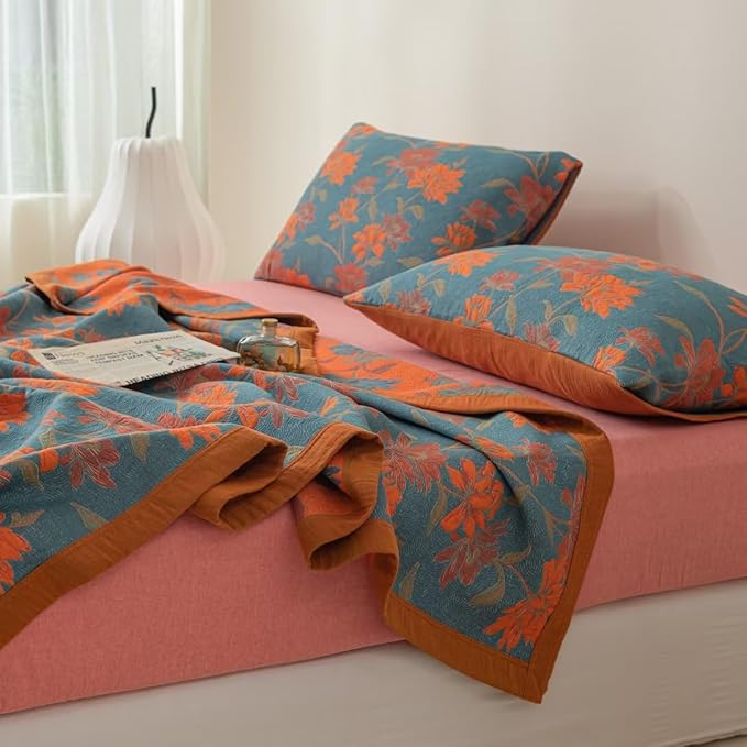 100% Cotton Muslin Blanket Jacquard Floral Flowers Bloosom Print Quilt, Soft Bed Cover 3 Layers Reversible Bedspread Coverlet Breathable Lightweight Bedding King(98"x94"), No Pillow Sham