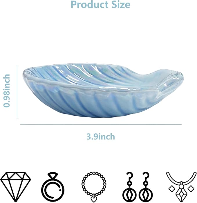 Shell Jewelry Dish Tray for Women, Ceramic Jewelry Tray, Seashell Shape Jewelry Ring Holder Dish, Jewelry Plate Trinket Dish for Necklace, Earring, Ring, Bracelet, 3.9", Sky Blue Iridescent Surface