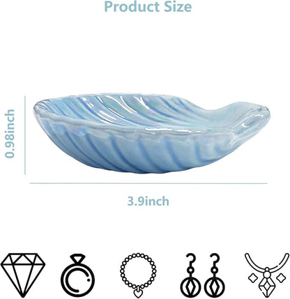 Shell Jewelry Dish Tray for Women, Ceramic Jewelry Tray, Seashell Shape Jewelry Ring Holder Dish, Jewelry Plate Trinket Dish for Necklace, Earring, Ring, Bracelet, 3.9", Sky Blue Iridescent Surface