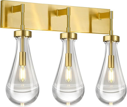 Raindrop Wall Sconces Gold Crystal Sconces Wall Decor Modern Lighting Glass Bathroom Sconces Indoor Vanity Light Wall Lamp for Bedroom Living Room Stair(3-Light)