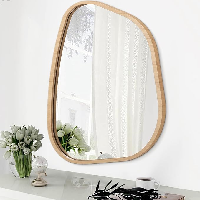 Irregular Bathroom Mirror Modern Wall Mirror Asymmetrical Wooden Framed Wall Mirror Unique Shape Wall Mounted Vanity Artistic Mirror Decor for Living Room Bedroom Entryway Small 16"x12"