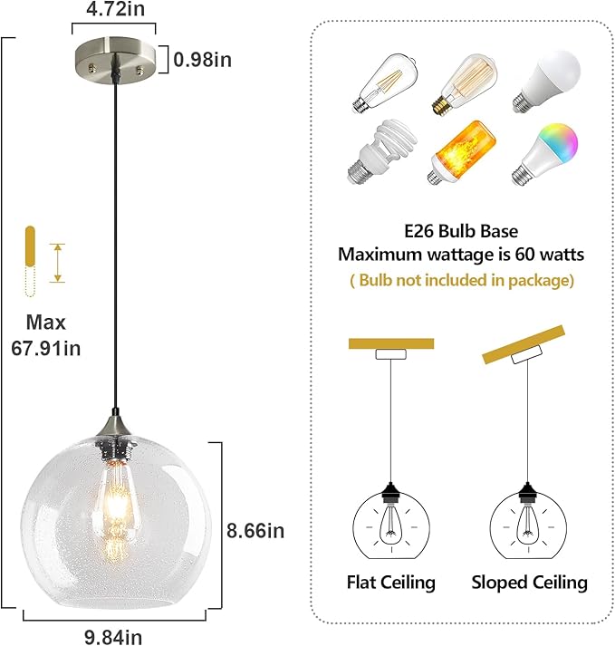 Clear Glass Pendant Lights Kitchen Island Lighting Globe Pendant Light Fixtures Modern Pendant Lighting for Kitchen Island Bedroom Living Dining Room Light Fixture(9.84in, 1-Pack)