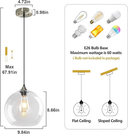 Clear Glass Pendant Lights Kitchen Island Lighting Globe Pendant Light Fixtures Modern Pendant Lighting for Kitchen Island Bedroom Living Dining Room Light Fixture(9.84in, 1-Pack)