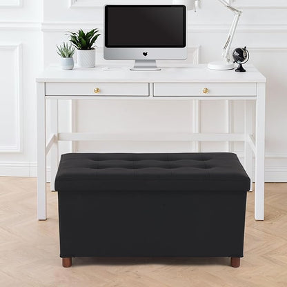 Ottoman Storage Bench with Tray - Bedroom Foot Stool & Coffee Table Lid - Black Leather, 30" Inch