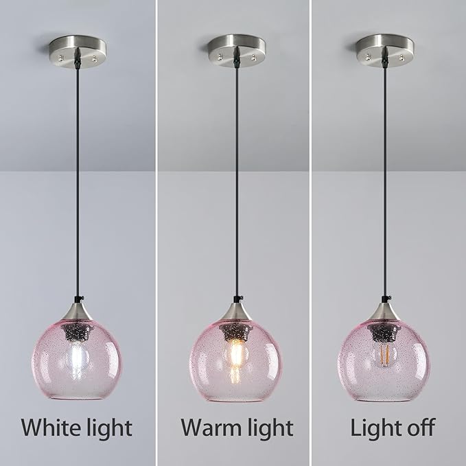 Pink Glass Pendant Lights Kitchen Island Globe Pendant Light Fixtures Modern Pendant Lighting for Bedroom Living Dining Room Light Fixture (5.9 in, 1 Pack)