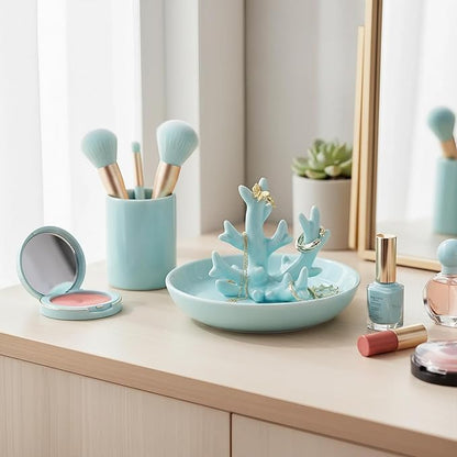 Potiera Teal Coral Jewelry Tray, Handmade Ceramic Coastal Decor, Decorative Ring Holder Trinket Dish for Earrings Necklaces Keys, Birthday Christmas Valentines Gifts for Women Friends Sister Mother