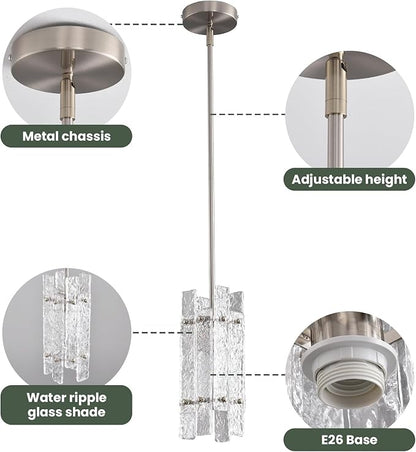 Modern Brushed Nickel Crystal Pendant Light for Kitchen Island, Luxury Mini Water Ripple Glass Chandelier Fixture, Square Adjustable Hanging Pendant Lighting for Dining Room Bedroom Hallway (1-Pack)