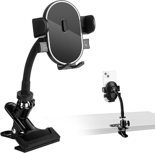 ROCKFREE Clip Phone Holder with 360° Gooseneck Arm & Auto-Locking Clamp,Short/Medium/Long Arm Options for Desk, Mic Stand, Table,Treadmill – Fits 4-7" Smartphones(Medium-5.9 inch Arm)