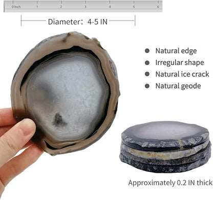 Gray Agate Coaster Drinks Crystal Cup Stone Coasters Set of 4 Geode Agate Slices with Rubber Bumpers for Coffee, Wine or Bar Glasses (4"-5")