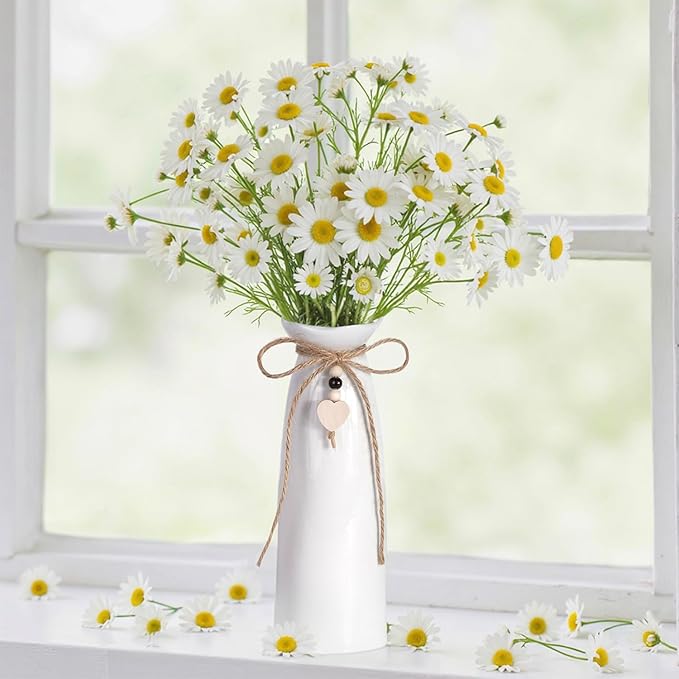 8 Inch Ceramic Vase with Jute Rope & Heart Charm, Elegant White Decorative Vase for Home Décor & Table Centerpieces