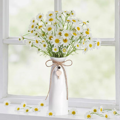 8 Inch Ceramic Vase with Jute Rope & Heart Charm, Elegant White Decorative Vase for Home Décor & Table Centerpieces