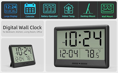 Digital Wall Clock Battery Operated, 8 Inch Small Wall Clock with Large Display, Temperature and Date | Simple Desk Clock | Silent Wall Mount Digital Clock for Bedroom, Kitchen, Living Room, Office