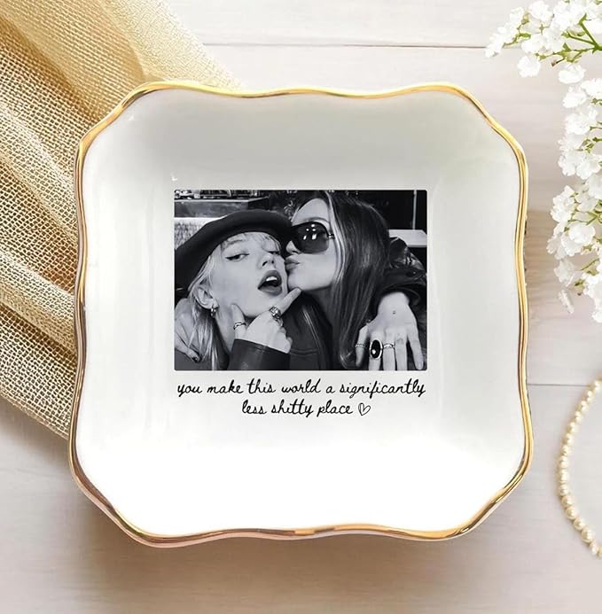Chillever Personalized Besties Photo Ring Dish, Custom Jewelry Dish Gift for Besties, Soul Sister Trinket Gift for Long Distance Friendship Women BFF Christmas Birthday Wedding Gifts DS2