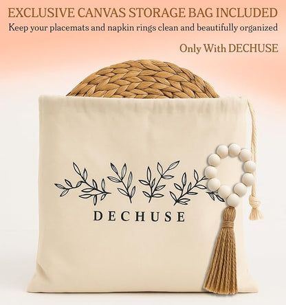 Round Woven Placemats Set of 6 (15 Inch) with Napkin Rings & Canvas Bag – Water Hyacinth Boho Farmhouse Table Mats, Heat Resistant Natural Wicker Chargers for Dining Table Decor by DECHUSE