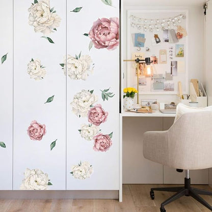 Peony Watercolor Wall Decals (Vintage Pink Watercolor) - Botanical Decor Sticker Flowers - Floral Bedroom Decals for Girls Room - Soft Flower Peonies Wall Decor Bedroom with Test Sample