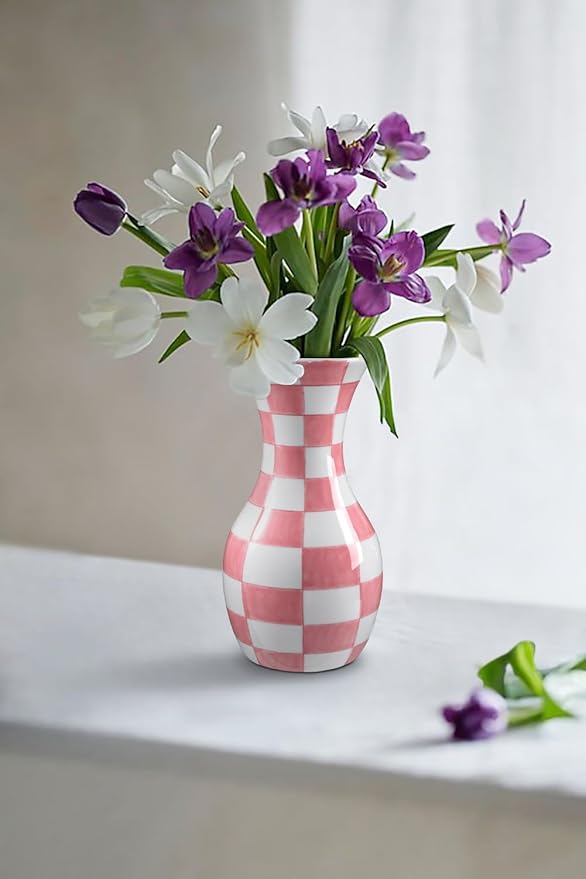 Pink and White Ceramic Vase, 11" Tall Pink Checkered Vase in Wide Mouth, Large Decorative Flower Vases for Decor Living Room, Table Centerpiece, Dining Room, Entryways, Wedding Decor, Porcelain Vase