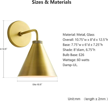 Retro Industrial Metal Cone Sconce Light - Vintage-Inspired Modern Gold Wall Sconce with Metal Shade, Wall Mount Lighting for Bedroom, Hallway, Living Room (Gold, 11 inch)