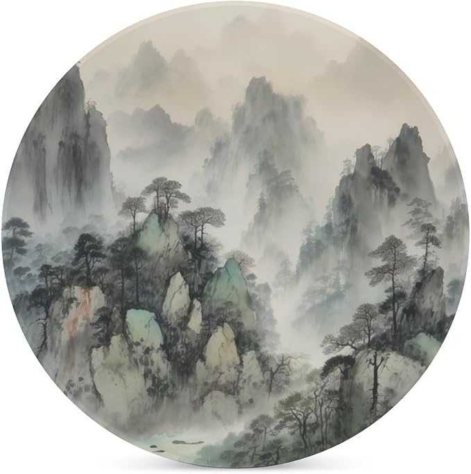 Round-6PCS Forest Ceramic Coasters, Round Absorbent Drink Coasters, Watercolor Japan China Style Nature Mountain Woodland Green Forest Ceramic Table Coasters for Coffee, Beverage, Wine, Beer Coasters