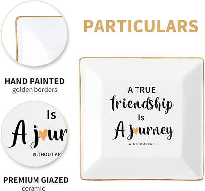 Friendship Gift Best Friend Birthday Gifts for Women Friends Trinket Dish Ceramic Jewelry Tray Decorative Rings Unique Forever,A True Friendship is a Journey Without an end