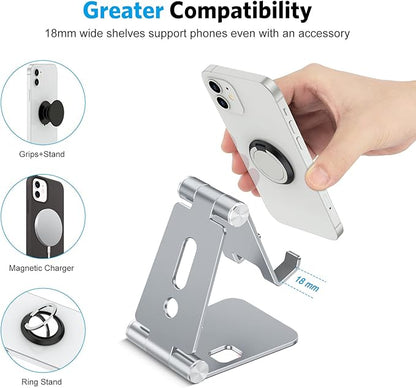 OMOTON Foldable Cell Phone Stand, C4 Portable Aluminum Phone Holder, Adjustable Phone Dock Cradle Compatible with iPhone 16/15/14 Pro Max, Samsung Galaxy, Small Tablets and Other Phones, Grey