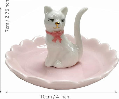ROSA&ROSE Cat Ring Holder Trinket Tray Ceramic Jewelry Dish Porcelain Ring Organizer Gift for Women, Girlfriend or Valentine's Day (White/Pink)