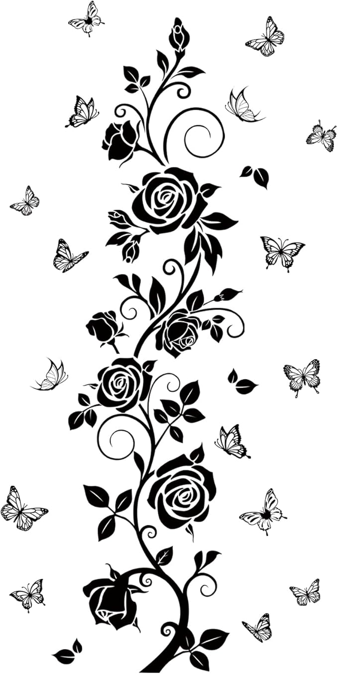 Flower Vine Decals Flying Butterfly Black Floral Wall Stickers Removable Wall Art Decor for Living Room Bedroom