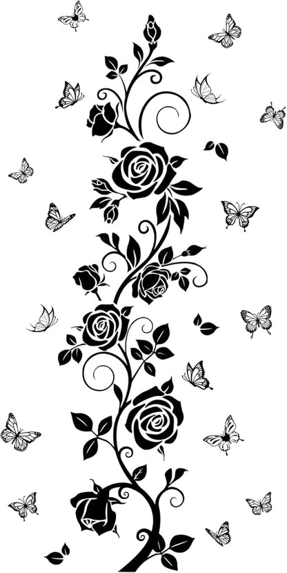 Flower Vine Decals Flying Butterfly Black Floral Wall Stickers Removable Wall Art Decor for Living Room Bedroom