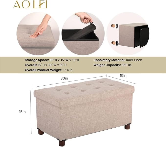 30 Inches Storage Ottoman Bench, Storage Bench with Wooden Legs for Living Room Ottoman Foot Rest Removeable Lid for Bedroom End of Bed, Linen Fabric, Folding Beige Ottoman