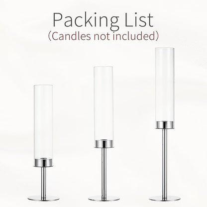 Hurricane Taper Candle Holders: Silver Glass Candlestick Holder Tall Candle Sticks Holder Decor with Glass Cover for Wedding Table Centerpiece Party Birthday Christmas Home Mantel Set of 3