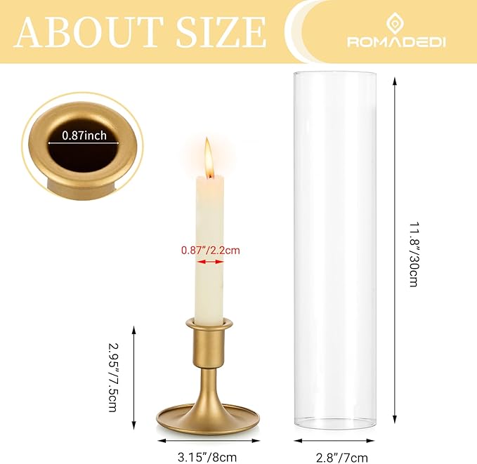 Romadedi Hurricane Candlestick Holders Gold - Taper Candle Holders Tall Clear Glass Cylinder for Wedding Table Centerpieces Party Decor Birthday Christmas Home Decorations Set of 2