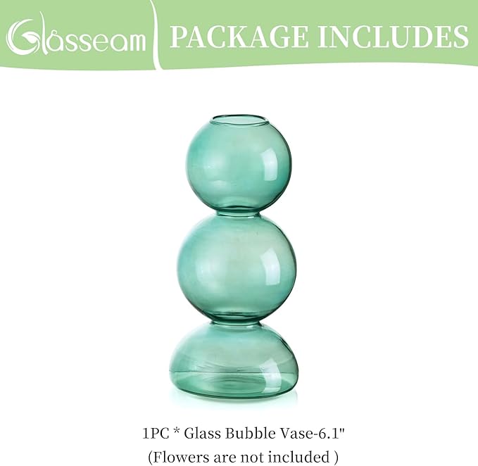 Glassseam Glass Vases for Flowers, Green Bud Vases for Decor, Cute Small Vase, Modern Aesthetic Vase, Unique Round Flower Vase, Decorative Bubble Vases for Centerpieces Wedding Table Decorations