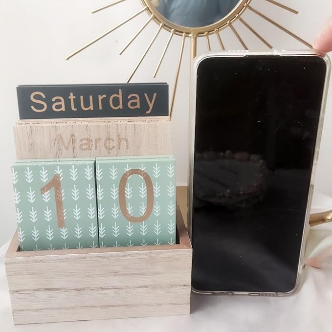 Wooden Perpetual Calendar for Desk, Metal Wood Month Date Display for Teachers, Students, Classroom, Rustic Farmhouse Office Decor, Desk Accessories (Snowflake printed)
