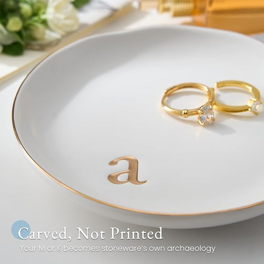 Lolalet Handmade Ceramic Ring Dish Jewelry Tray Plate with Initial, Small Monogram Gift for Her Women Girls Mother, Hostess, Engagement, Bridal Shower, Maid of Honor, Bridesmaid, Birthday, Christmas