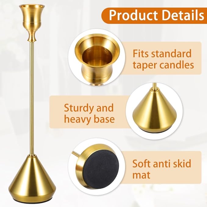 Elegant Vintage Brass Gold Candlestick Holders, Set of 3 Taper Candle Holders with Weighted Base for Wedding, Dining Table, Holiday Decor