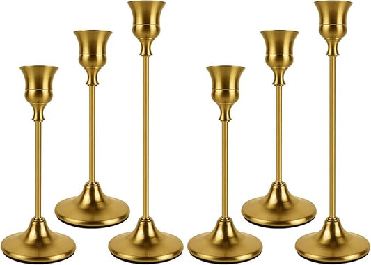 Brass Gold Candlestick Holders Set of 6, Metal Taper Candle Holders, Classic Decorative Candle Stick for Christmas, Wedding, Party, Dinner Tables,Home Décor