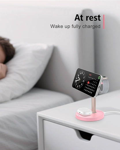 3 in 1 Wireless Charging Station for Apple, 15W Fast Magnetic Charger Stand Wireless Nightstand for Bedrooms, iPhone 17 16 15 14 13 12 Series, Apple Watch, Airpods, Women Gifts (No AC Adapter) Pink