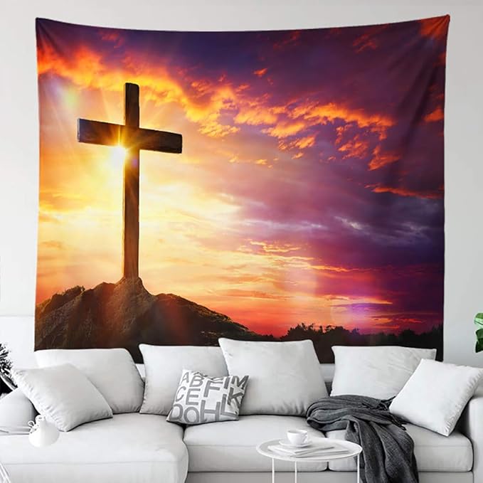 BERRY Jesus Christ Cross Sunrise Tapestry Sunset Sepulcher Lord Pray Easter Crucifixion Religious Belief Wall Hangings Decor Large Tapestry for Bedroom Living Room Dorm College Church Man Cave(80x60