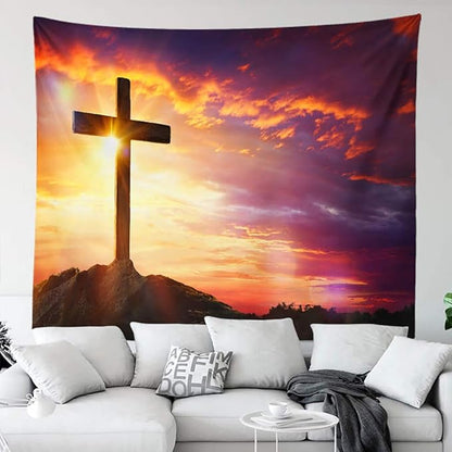 BERRY Jesus Christ Cross Sunrise Tapestry Sunset Sepulcher Lord Pray Easter Crucifixion Religious Belief Wall Hangings Decor Large Tapestry for Bedroom Living Room Dorm College Church Man Cave(80x60