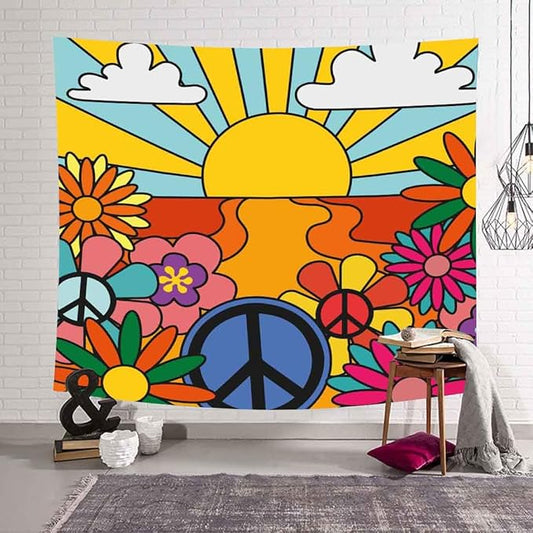 BULOR 70's Groovy Retro Sunshine Flowers Tapestry Wall Hangings, Rainbow Boho Funky Vintage Tapestry For Kids Student Bedroom Living Room Dorm Man Cave Background 60x60inch