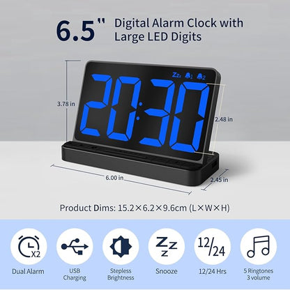NOKLEAD Digital Alarm Clock for Bedroom: Large 6.5-inch LED Display, Stepless Brightness, 9-Mins Snooze, USB Charging Port, 2 Alarm with 5 Ringtone 3 Volume, Easy to Use for Kids Seniors (Black)