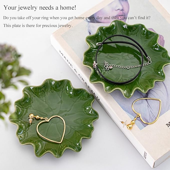 Ceramic Jewelry Tray, Decorative Trinket Dish for Rings Earrings Necklaces Bracelet Watch Keys, Birthday Mother's Day Christmas Thanksgiving Gift for Women, 4.7", Green Lotus Leaves