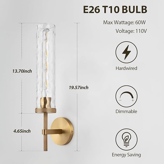 19.5" Knurled Brass Wall Sconces Set of 2, Gold Bathroom Vanity Light Fixtures with Water Ripples Glass Tube, Modern Lamp Lighting for Bedroom, Living Room, Hallway, Staircase, Mirror, Kitchen