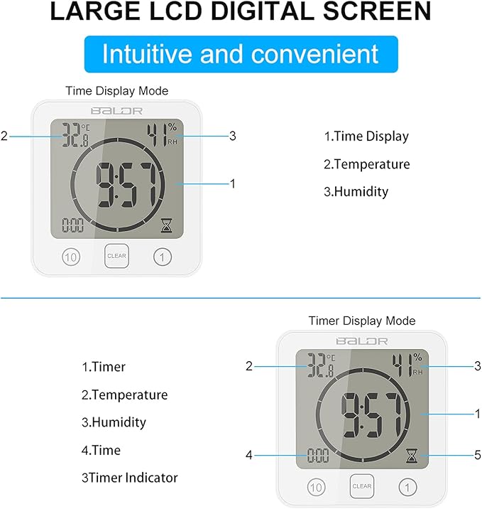 Waterproof Digital Shower Clock, Bathroom Wall Clock with Countdown Timer, Temperature & Humidity Display, Magnetic Back & Suction Cup for Bathroom, Kitchen, Spa